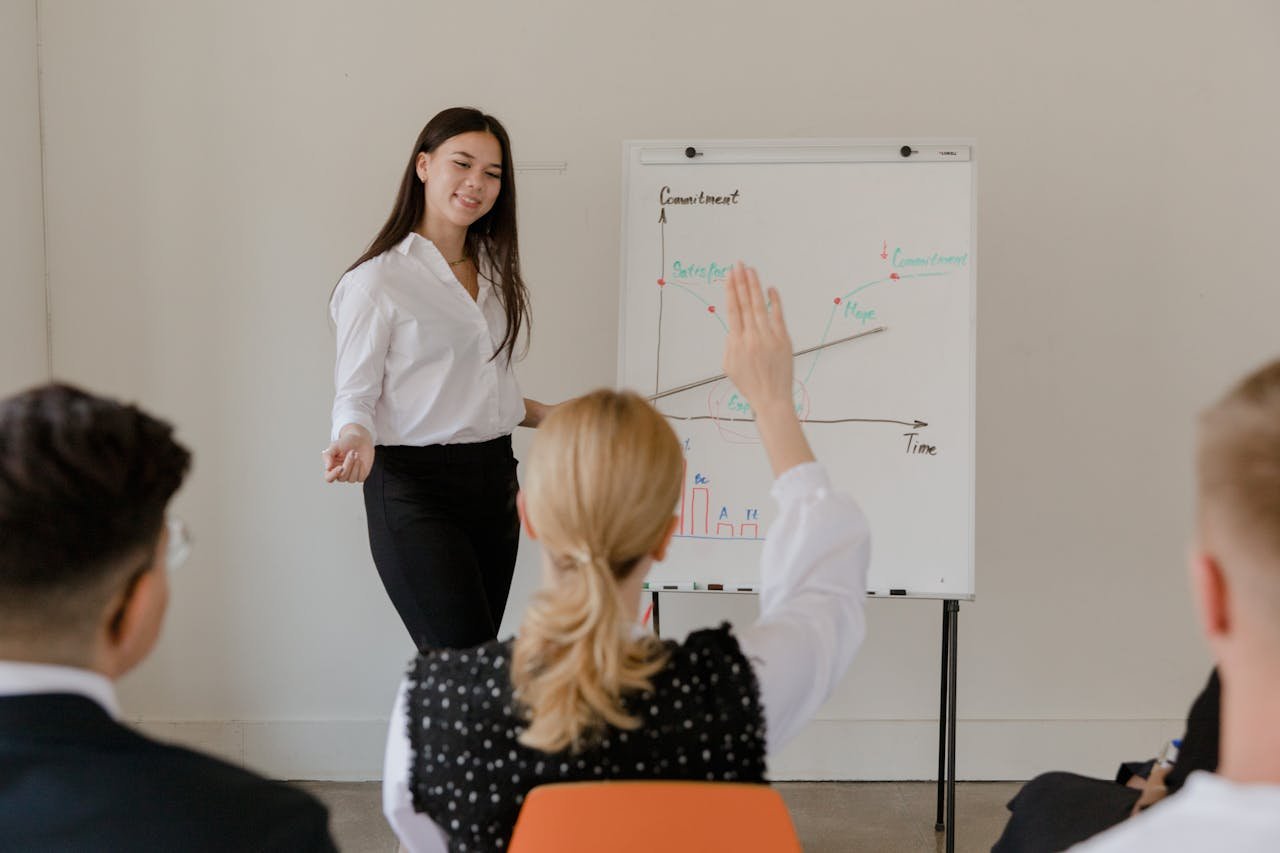 services-03 A businesswoman leads a meeting with a graph presentation, engaging her audience. Professional setting.